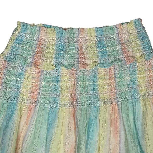 LoveShackFancy Camilla Rainbow Striped Mini Skirt P XS Ruffle Smocked Coquette - Picture 2 of 9